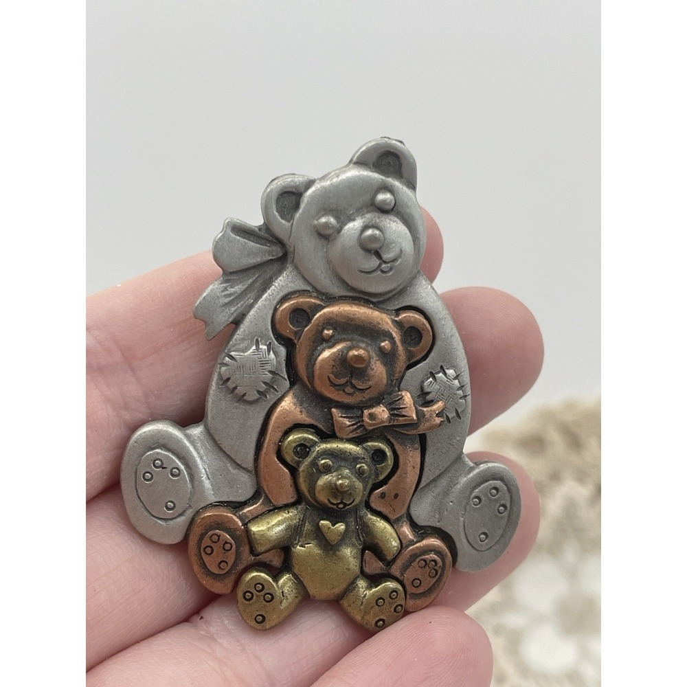 L Razza Teddy Bear Trio Brooch Pin Pewter Tri-tone